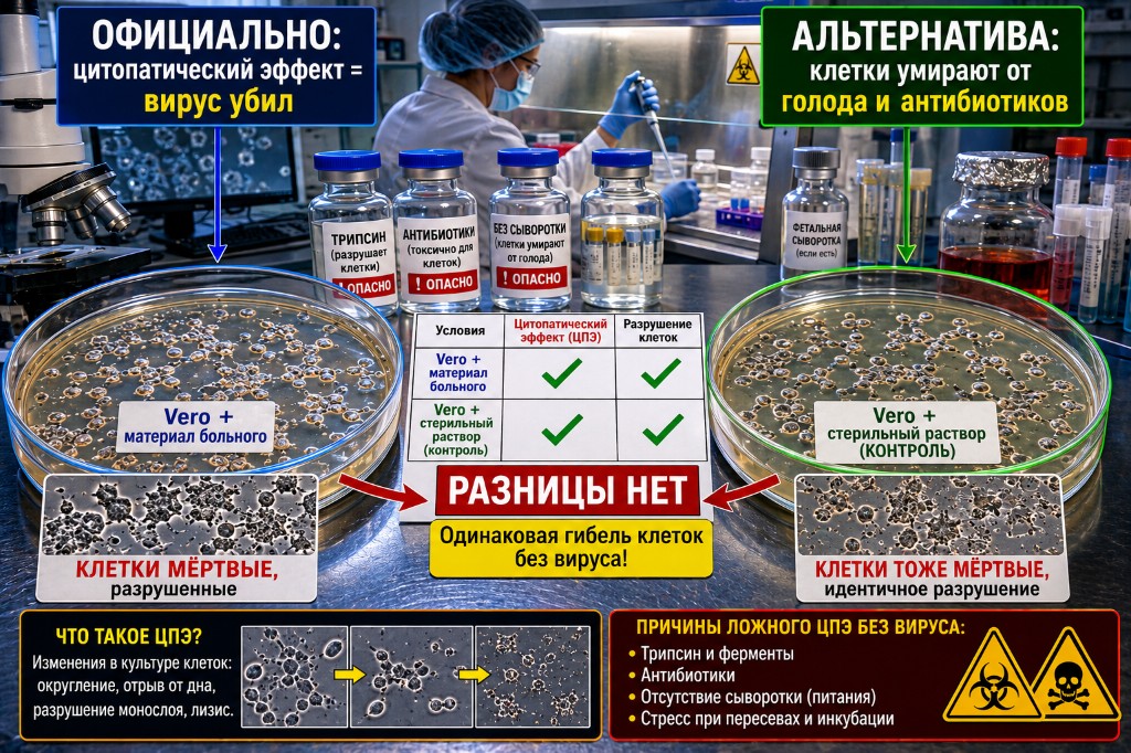 Вирус выделен или клетки умирают сами?